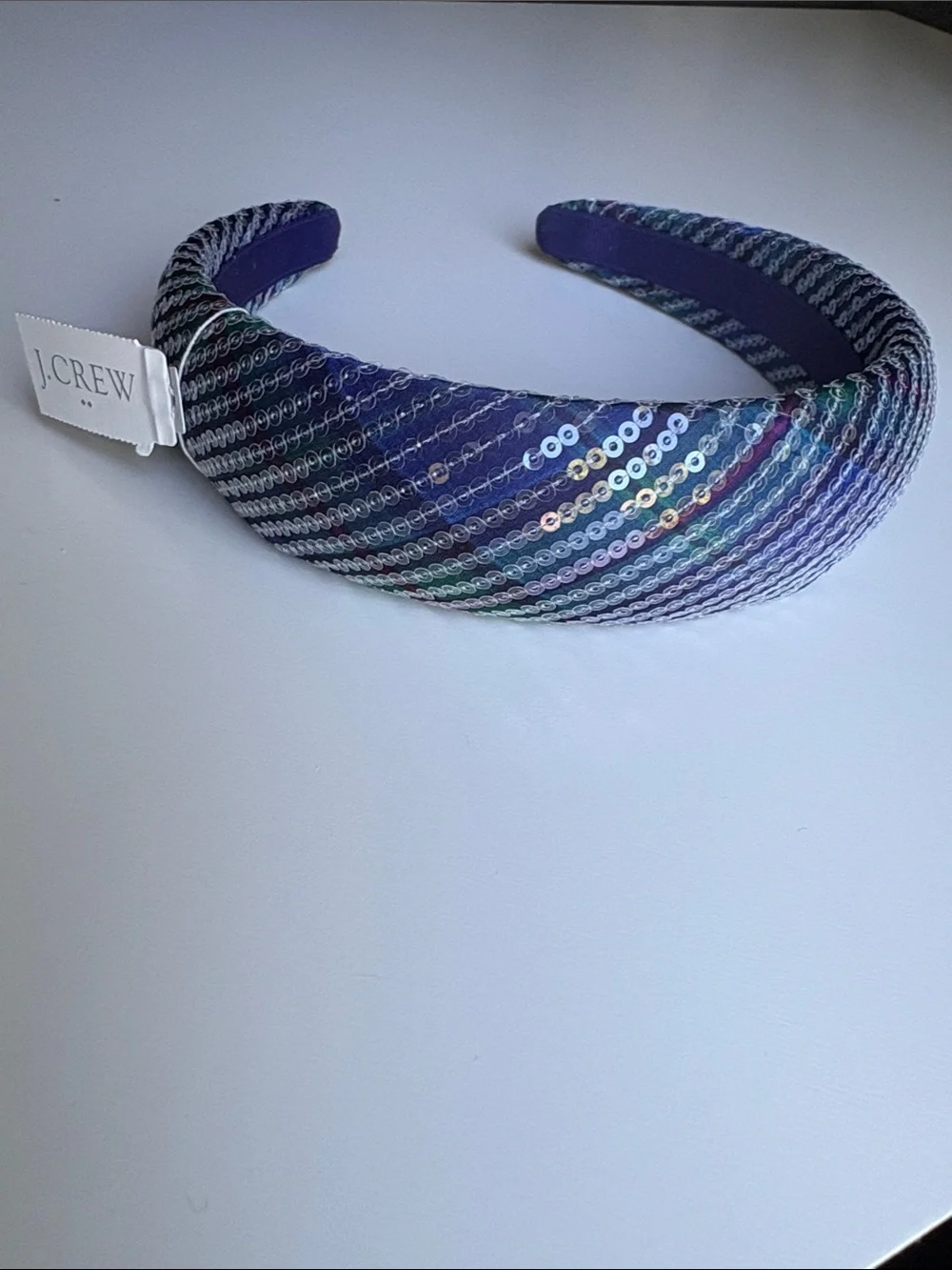 NWT J Crew Factory Sequin Blue Tartan Puff Headband
